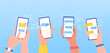Notification message concept SMS bubble on the screen People chatting concept People holding a phone receive and send a message. Receive notifications On a blue background Colorful Vector Illustration