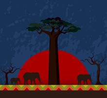 Landscape With Sunset In Africa. Abstract Ethnic Pattern, Family Of Elephants, Dry Trees And Baobab Silhouettes.