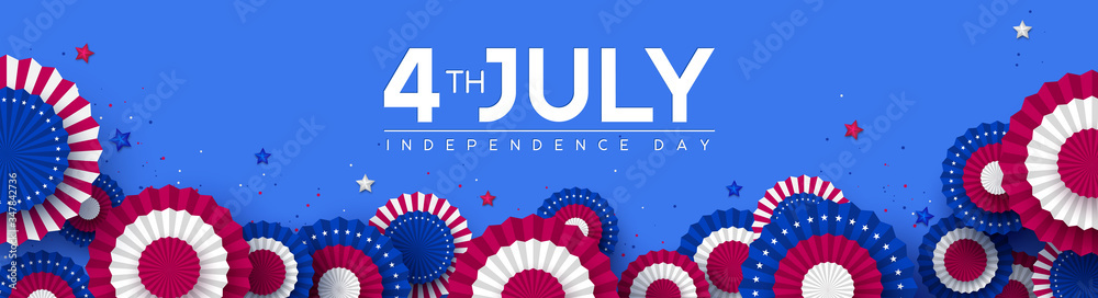 4th of July, USA Independence day banner. Paper fans in colors of American flag with confetti and stars. Vector illustration. - obrazy, fototapety, plakaty 