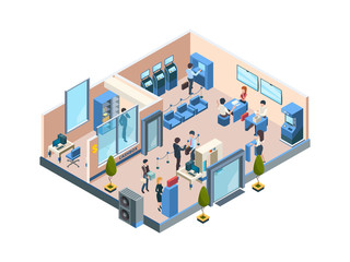 Canvas Print - Bank interior isometric. Business financial offices with different banking workers managers and clients customers dialogue vector people. Business office, worker banking interior illustration