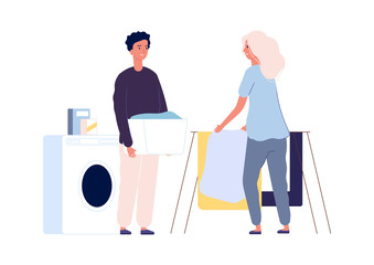 Sticker - Laundry time. Couple make washing clothing. Happy man and woman in bathroom with wash mashine vector illustration. Laundry clothes, illustration housework together wash chores