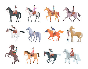 Canvas Print - Horse riders. Equestrian sport people sitting walking on strong domestic horses and pony persons breeds racing animals vector. Horseman run, equine and jockey, sport equestrian illustration