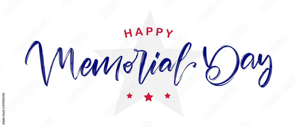 Vector illustration: Handwritten calligraphic lettering of Happy Memorial Day with star - obrazy, fototapety, plakaty 