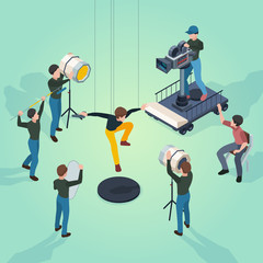 Canvas Print - Movie set. Film makers director actors and technical staff working video production process cameras technic vector isometric. Illustration process isometric, shooting video and filmmaking