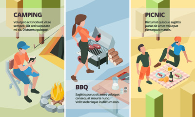 Wall Mural - Bbq banners. Outdoor picnic people making barbecue street grill relax and playing eating food vector isometric illustrations. Poster barbecue picnic, meal cooking and recreation