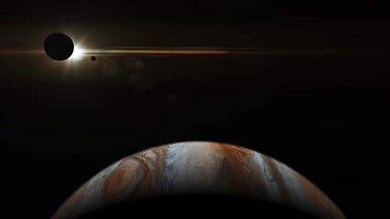 Wall Mural - slowly turning jupiter with orbiting moons crossing the gas giant past a bright sun in the distance 