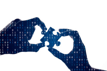 Poster - Silhouette of a hands holding a jigsaw puzzle piece with binary background