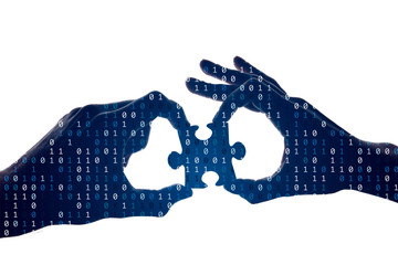 Poster - Silhouette of a hands holding a jigsaw puzzle piece with binary background