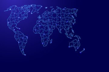 Leinwandbilder - World map from blue pattern from composed puzzles and glowing space stars. Vector illustration.