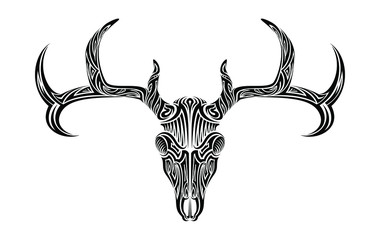 Creepy deer skull with antlers horns ethnic tribal tattoo vector art design illustration