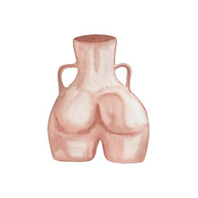Watercolor Antique Nude Woman Booty Decorative Vase Isolated On White Background. Ancient Vase For Flowers Illustration