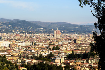 Wide panoramic view of the city of Florence seen from the hills just outside the city in the Bellosguardo neighborhood