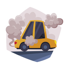 Poster - Yellow Car Emitting Dark Smoke, Ecological Problem, Environmental Pollution Vector Illustration