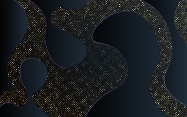 Wall Mural - luxury darck blue wavy shaped background with golden particles halftone effect.