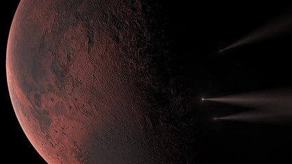 Wall Mural - three meteors moving through mars atmosphere and across the big red planet in space concept