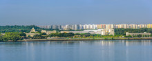 Panoramic Sight Of The Johor Strait Coast With Pasir Ris Coast Industrial Parks In Singapore With Punggol Town On The Background.