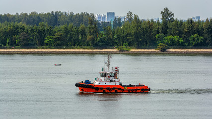 Wall Mural - Tugboat underway along the Singapore island shoreline in Johor strait.