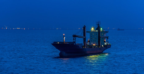 Wall Mural - Container cargo ship with navigation lights anchored in outer anchorage of Singapore at golden hour.