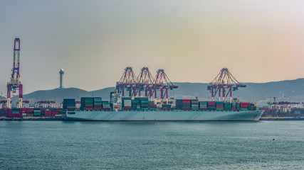 Poster - Dockside gantry cranes perform transshipping operations with container ship in Qingdao Qianwan Container Terminal.