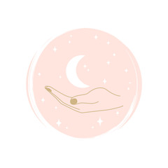 Wall Mural - Cute human hand with moon and stars logo vector illustration on circle with brush texture for social media story highlight