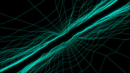 Poster - Technology Fractal Field Effect Futuristic Landscape Wireframe Abstract Illustration. Narrow Turbulence Perspective Space For Infographic on Black Background.