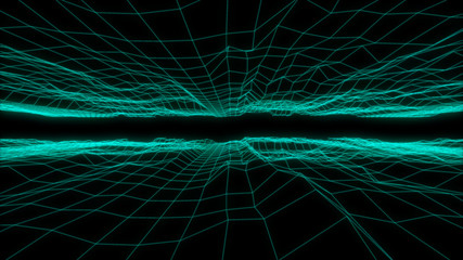 Poster - Technology Fractal Field Effect Futuristic Landscape Wireframe Abstract Illustration. Narrow Turbulence Perspective Space For Infographic on Black Background.