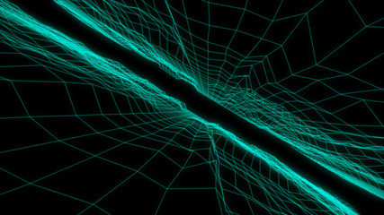 Poster - Technology Fractal Field Effect Futuristic Landscape Wireframe Abstract Illustration. Narrow Turbulence Perspective Space For Infographic on Black Background.