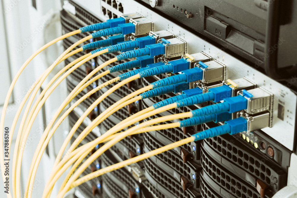 Communication equipment in the server room of the data center. Many ...