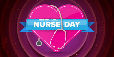 Wall Mural - vector international nurse day greeting card or horizontal banner with stethoscope isolated on violet black background. vector nurses day icon or sign design template