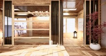 Wooden China Conference Room Interior With Wood Floor On White Wall Background - Empty Room Business Room Interior. 3d Rendering