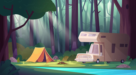 summer morning landscape with forest river and camping . summer camp in forest.