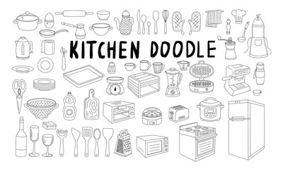 Naklejka na meble Big set of doodle elements on the theme of food, kitchen and cooking. A variety of utensils, tools, household appliances, dishes, cutlery for design in a linear style isolated on white background.
