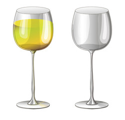 stock vector illustration. set. two glasses - one empty transparent and a glass with white wine draw