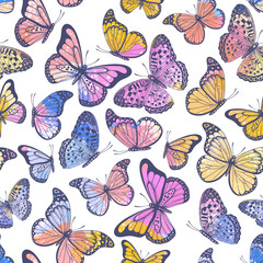 Vintage seamless pattern with pastel watercolor butterflies on white background