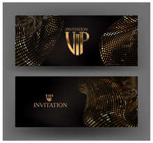 Invitation Cards With Gold Levitating Material Made From Metallic Circles. Vector Illustration