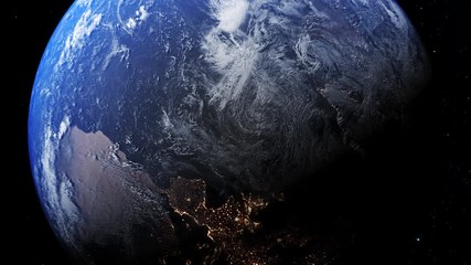 Wall Mural - slowly spiralling away from the earth in space to reveal night and day on the planet