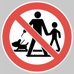 Walking with children and pets is prohibited.
Round sign, informational, flat, red, black and white colors.