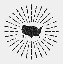 Vintage Map Of USA. Grunge Sunburst Around The Country. Black USA Shape With Sun Rays On White Background. Vector Illustration.