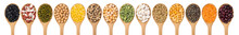 Collection Of Legumes In Wooden Spoons On A White Background Top View. An Isolated Set Of Beans, Lentils, Peas, Mung Bean, Chickpeas.
