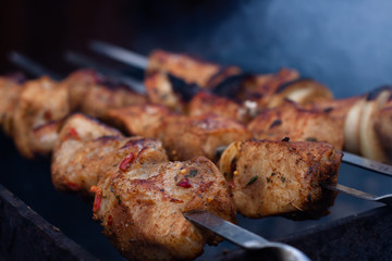 juicy pork skewers on skewers. cooking meat on the grill. in the smoke.