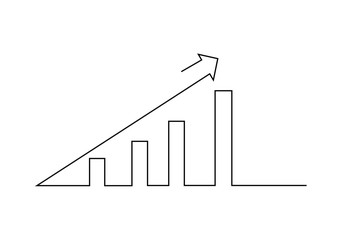 One continuous line drawing of graph icon isolated on white background. Growing graph, chart image with arrow up. Vector illustration for banner, web, design element, template, postcard.