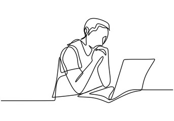 Poster - one line drawing of man working with laptop computer behind desk. young male focus thinking while si