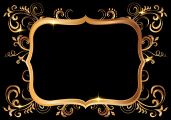 Wall Mural - Golden shiny glowing ornate frame isolated over black