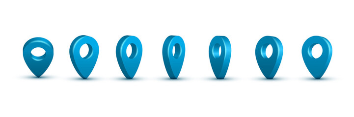 Poster - Shiny blue realistic map pins set. Vector 3d pointers isolated on white background. Location symbols in various angles