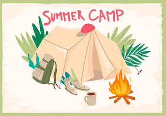 Summer holiday. Camping in forest with tent. Vector cartoon concept