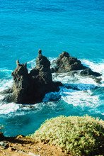 Viewpoint On Famous Benijo Rock With Ocean Waves Crushing Located At Benijo Beach Seen From Above, Tenerife, Spain.