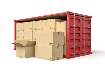 Poster - 3d rendering of red open side shipping container full of cardboard packages isolated on white backgr