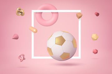 3d rendering of white and gold football highlighted with white frame, floating on yogurt pink background, with lots of different objects floating around.