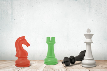 Poster - 3d close-up rendering of four chess pieces: red knight, green rook and white king standing, and black king lying on wooden surface near grungy white wall.