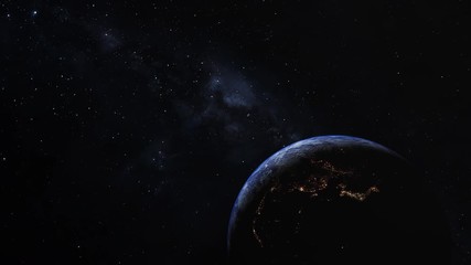 Wall Mural - orbiting over the earths surface from night to day with illuminated city lights and clouds